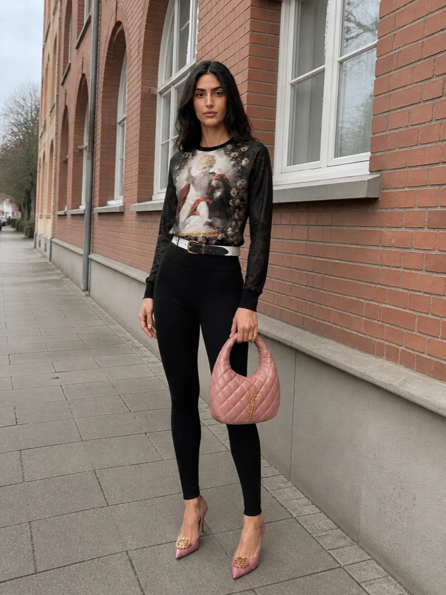 Dolce gabbana cherub sweater black leggings outfit
