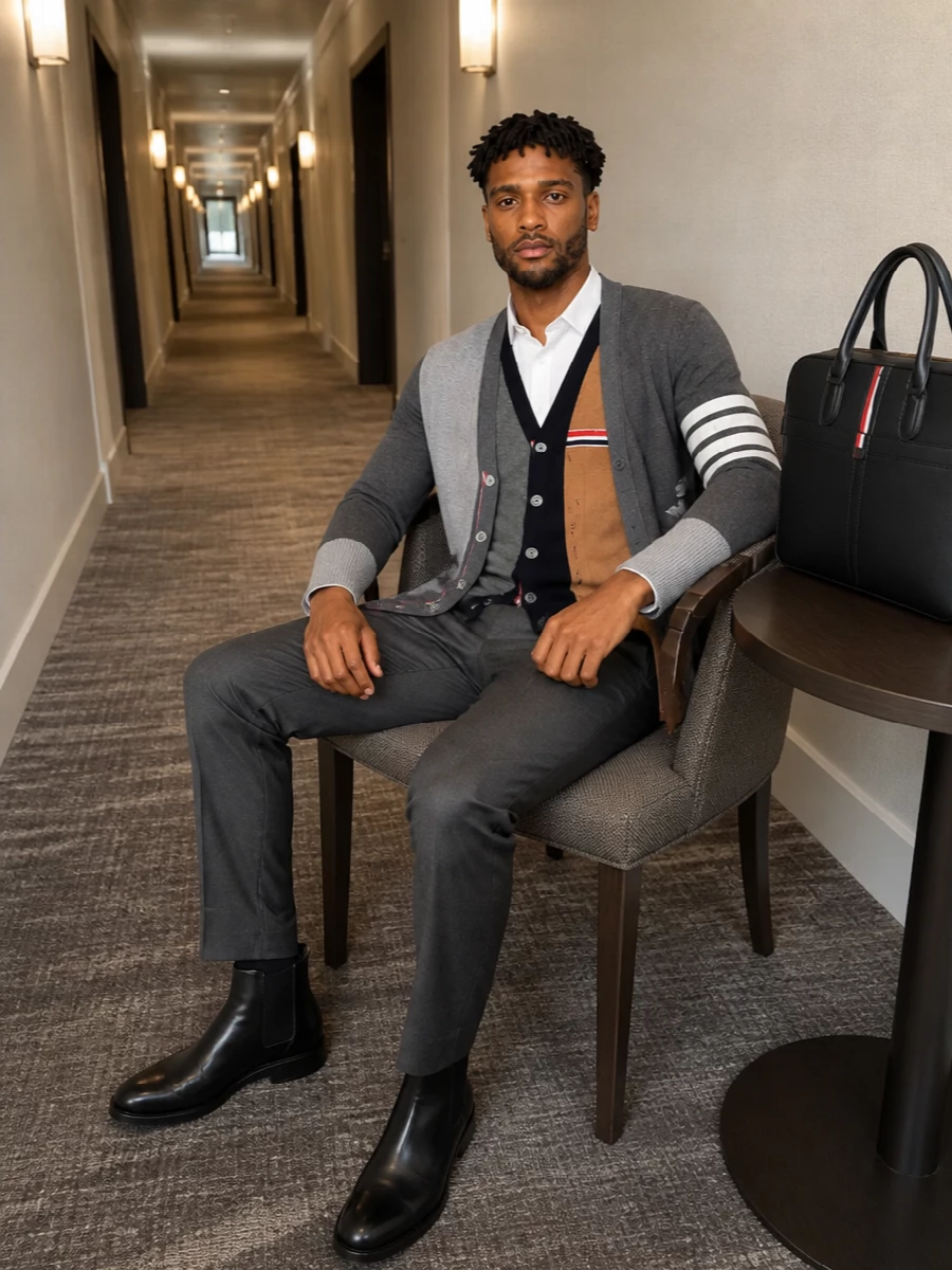 Thom browne cardigan charcoal trousers boots