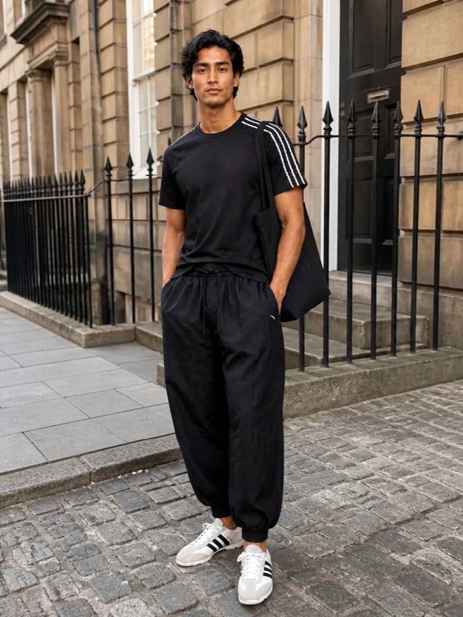 A monochrome Y-3 set that leans into graphic sport codes without feeling overdesigned. The straight-cut tee and cropped ballooned track pants create an easy, modern silhouette, grounded by low-profile football sneakers. The logo tote finishes it with a functional, city-ready note that still feels sharply minimal.