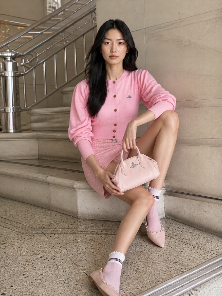 Soft pink on pink keeps this outfit charming but not saccharine, with the cardigan’s sculpted sleeves playing against the tweed mini’s clean A-line. Blush Rockstud flats and an orb-topped mini bag keep the mood romantic and polished, while sheer frilled socks add a witty preppy detail that feels very Westwood-at-heart.