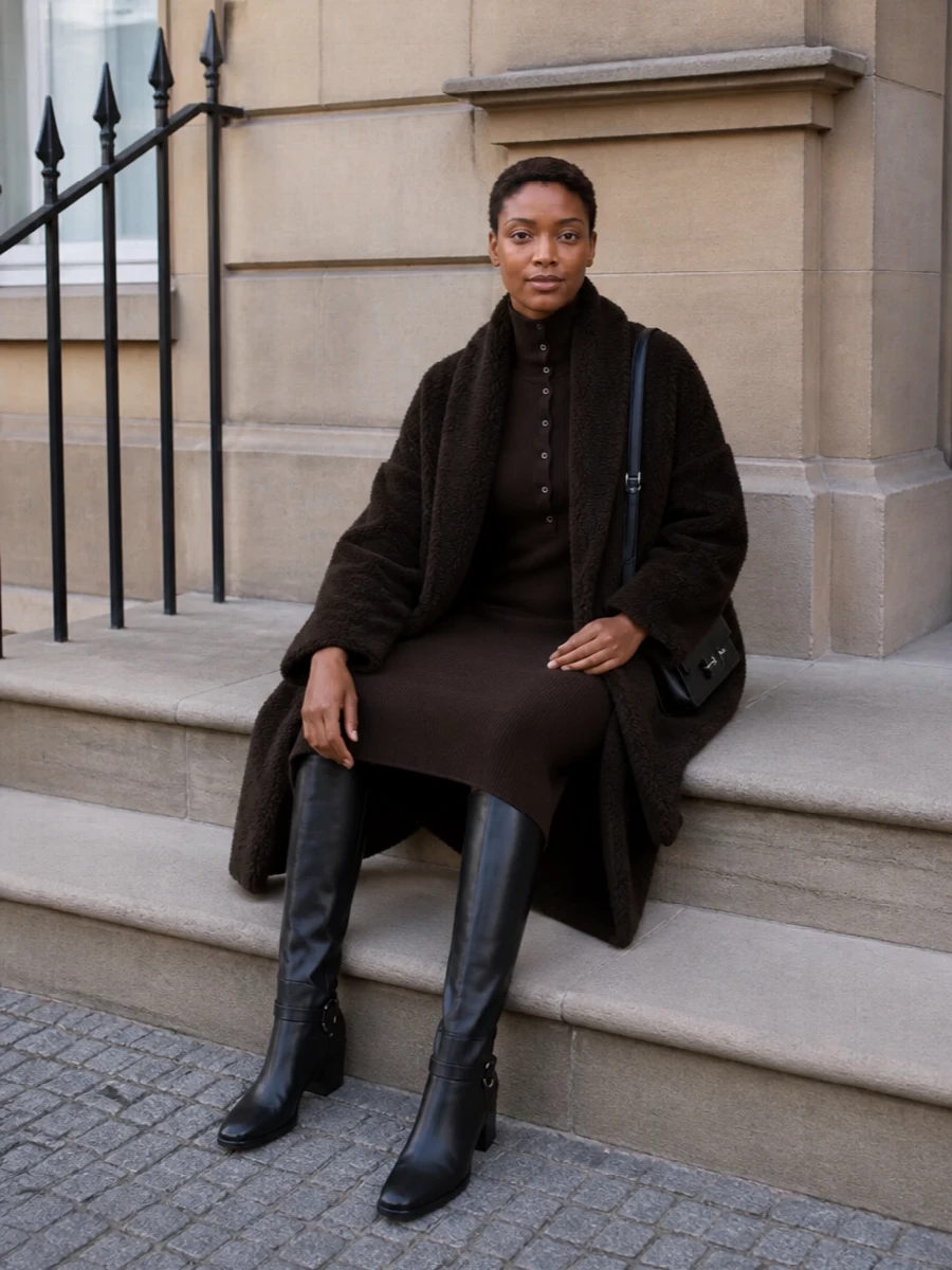 Tom ford shearling coat ribbed knit dress outfit