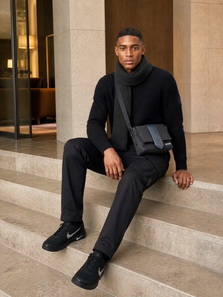 Cp company navy sweater black cargo outfit