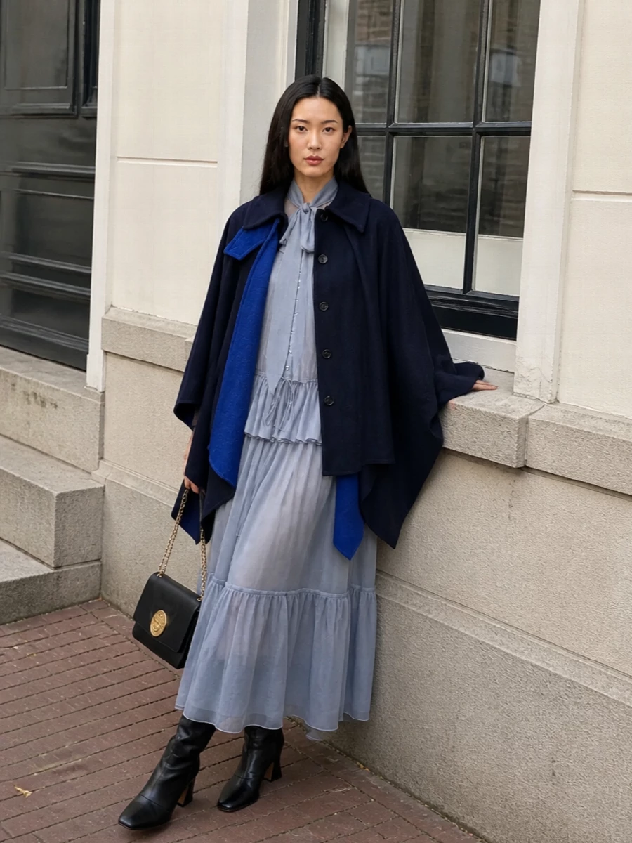 Chloe navy cape blue maxi dress black boots