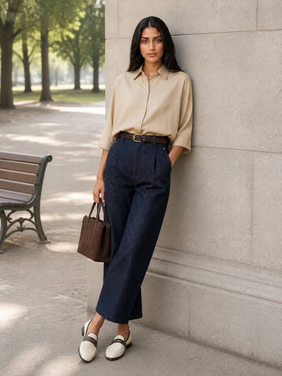 Brunello cucinelli wide leg jeans sand shirt