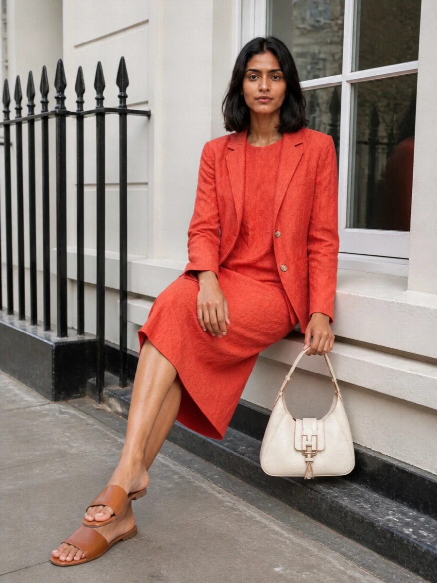 Harris wharf coral blazer midi dress outfit