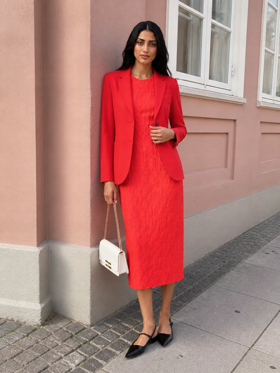 I’m styling the red Harris Wharf blazer over the coral sheath for a monochrome, tailored take on daytime to early-evening dressing that feels confident but not loud. The pointed black slingbacks and compact white shoulder bag ground the colour with classic polish, keeping the focus on clean lines and saturated reds. This route beats suiting separates here because the dress maintains a softer, uninterrupted column under the blazer, which is more flattering and modern with such a vivid topper.