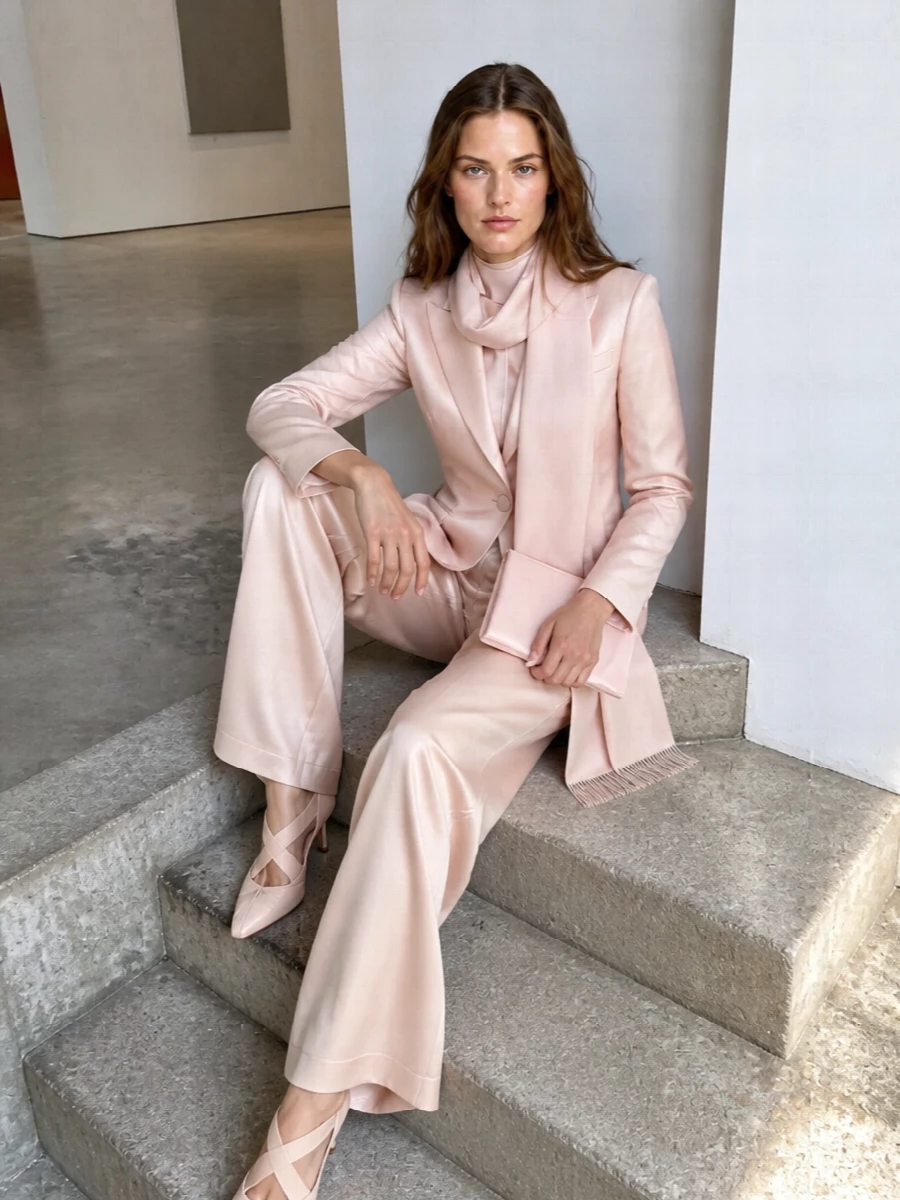 Andamane blush satin blazer wide leg trousers