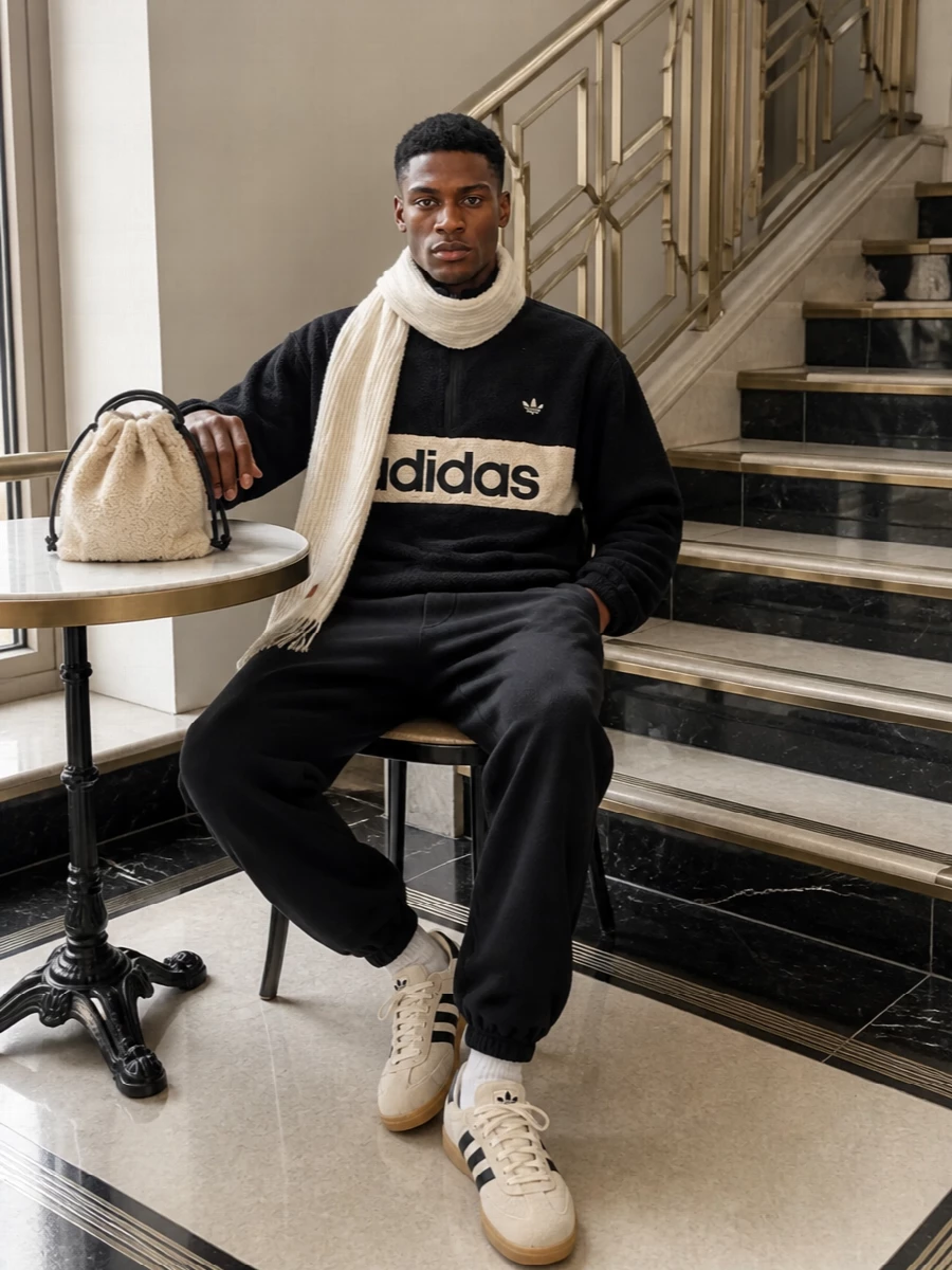 Adidas fleece y3 track pants cream trainers outfit