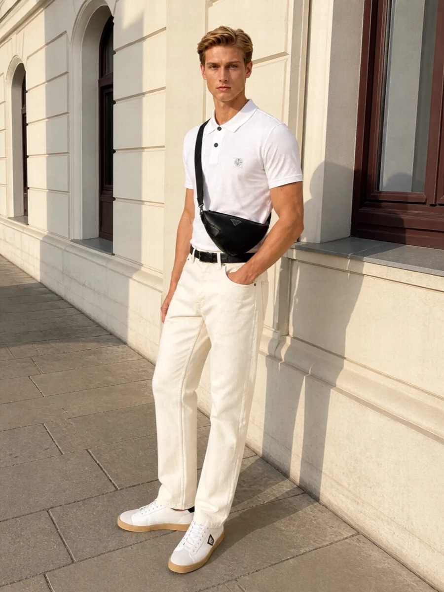 A soft white Stone Island polo with off-white straight-leg trousers creates a clean, tonal base that feels smart without losing ease. Prada’s crisp white sneakers and black crossbody sharpen the sport-preppy mood while the sleek black belt gives just enough structure. The result is a quietly technical summer uniform that reads modern, polished and relaxed at once.