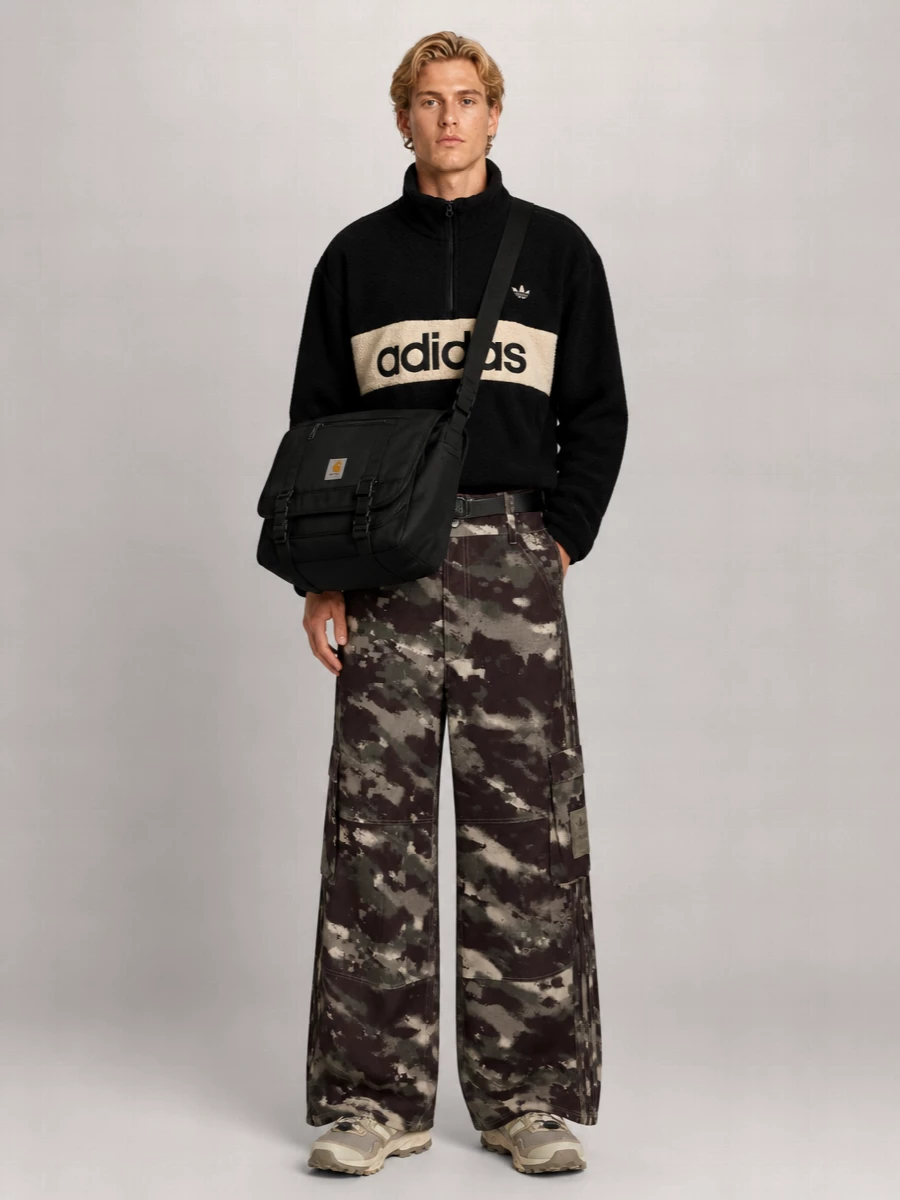 High-rise wide-leg cargos stay in focus, paired with a plush black fleece that mirrors their depth and keeps the profile relaxed but intentional. Neutral technical runners and a structured black messenger lean into utility and sport, so the mix feels ready for city winter days without looking overbuilt. The palette stays in dark olives, charcoals and creams, which lets the camo read strong but not loud.