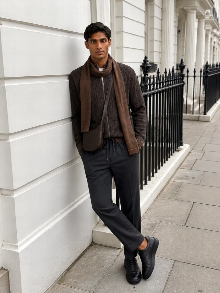 A deep brown Margiela zip-through knit sits over charcoal drawstring tailoring for a relaxed, quietly precise uniform. Tonal black sneakers keep the line clean and unfussy, while the dark chocolate Bottega crossbody and matching brown scarf warm the palette without disturbing the minimal mood.