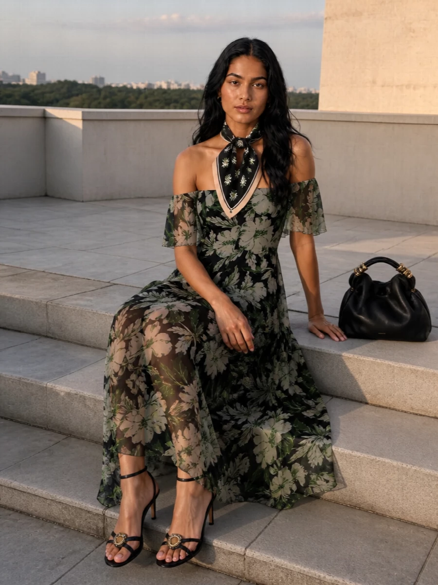 Loewe floral evening dress black sandals bag