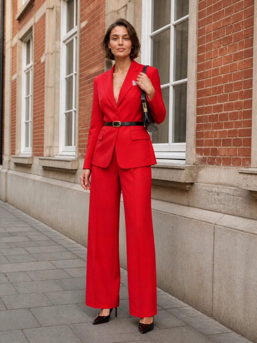 A saturated red Elisabetta Franchi suit sets a confident, tailored tone, with the high-waisted wide-leg trouser balancing the blazer’s structure for a long, polished line. Black patent Louboutin pumps and a minimal black shoulder bag ground the color with clean, city-ready contrast. A slim black belt and touches of gold keep the finish controlled and quietly luxurious, ideal from boardroom presentation to dinner reservation.