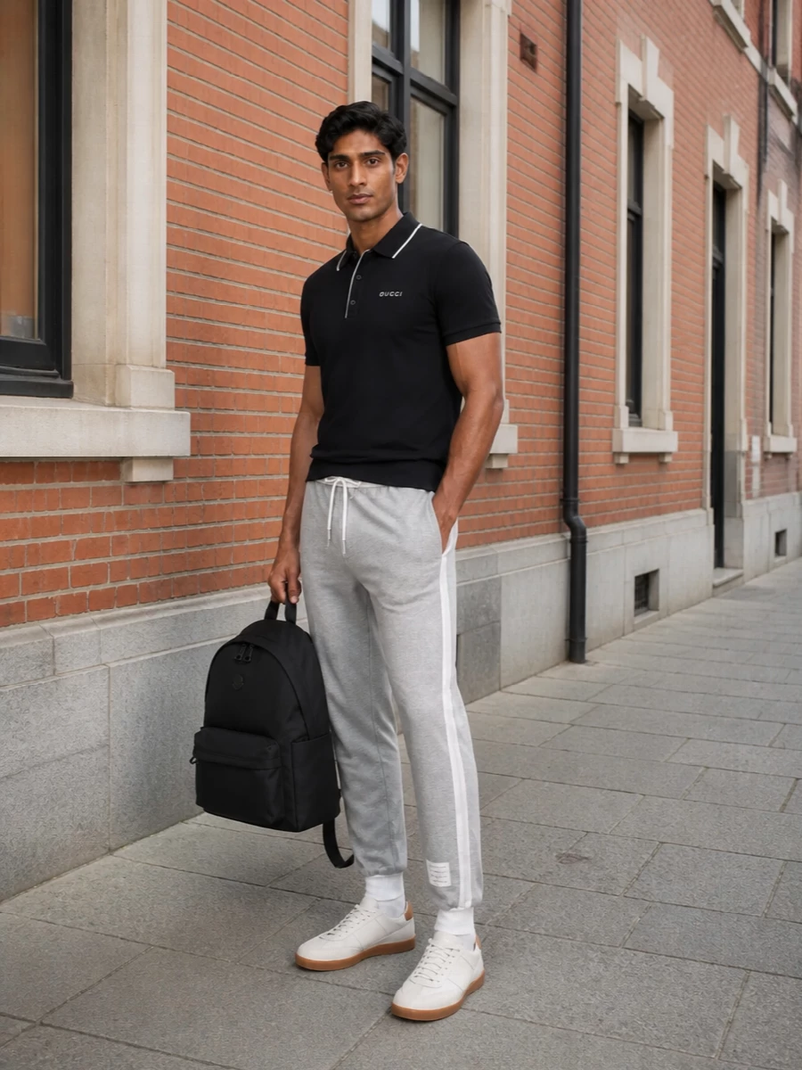 A black Gucci polo sits cleanly against light grey Thom Browne track pants for a precise, relaxed take on luxury sport. Off white Tod’s sneakers and the sleek Moncler backpack keep the lines modern and neutral, so the focus stays on proportion and texture rather than branding. It is an easy city uniform for days when you want to feel comfortable yet intentionally put together.