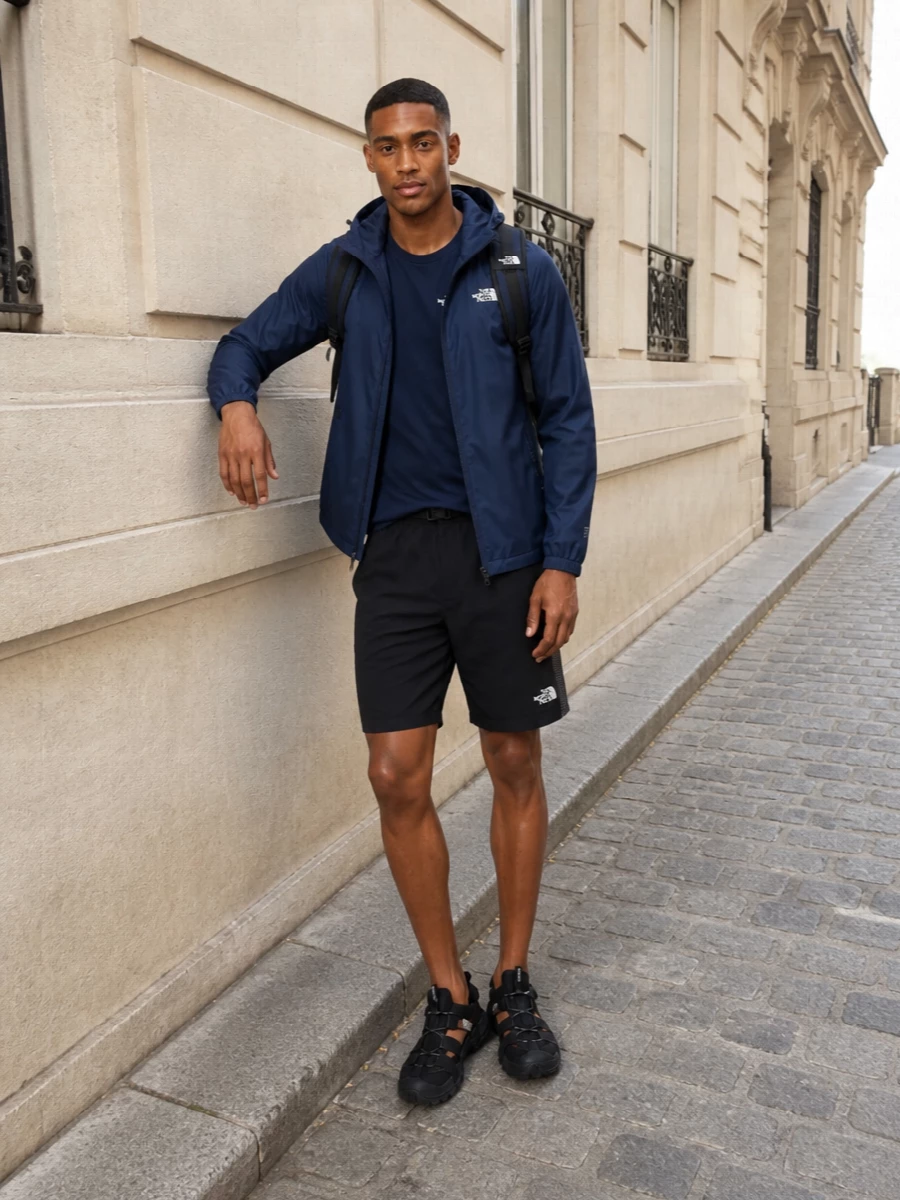 A navy-on-navy The North Face shell and tee create a clean, technical base that feels considered rather than loud. Black performance shorts and rugged trekking sandals keep the silhouette agile and trail-ready without losing city sharpness. The structured navy daypack finishes it as a practical commuter setup that can go straight from office errands to weekend paths.