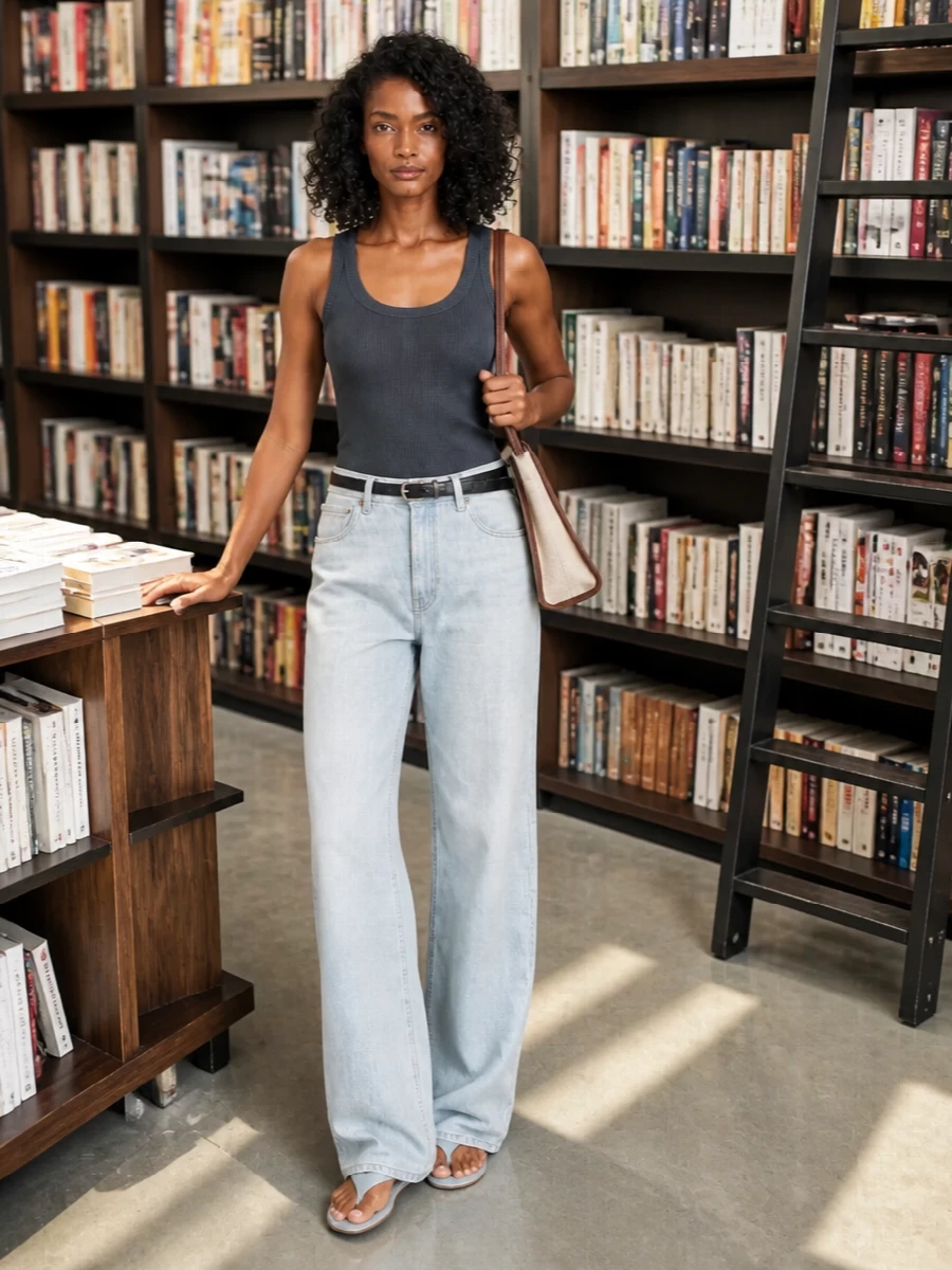 Soft ice-blue denim and a charcoal ribbed tank keep this outfit clean, easy and quietly confident. The long, relaxed jean pools over barely-there pale sandals, while a slim black belt and structured shoulder bag add just enough polish for city days. It is double denim done in a muted, minimalist way that still feels grounded and wearable.