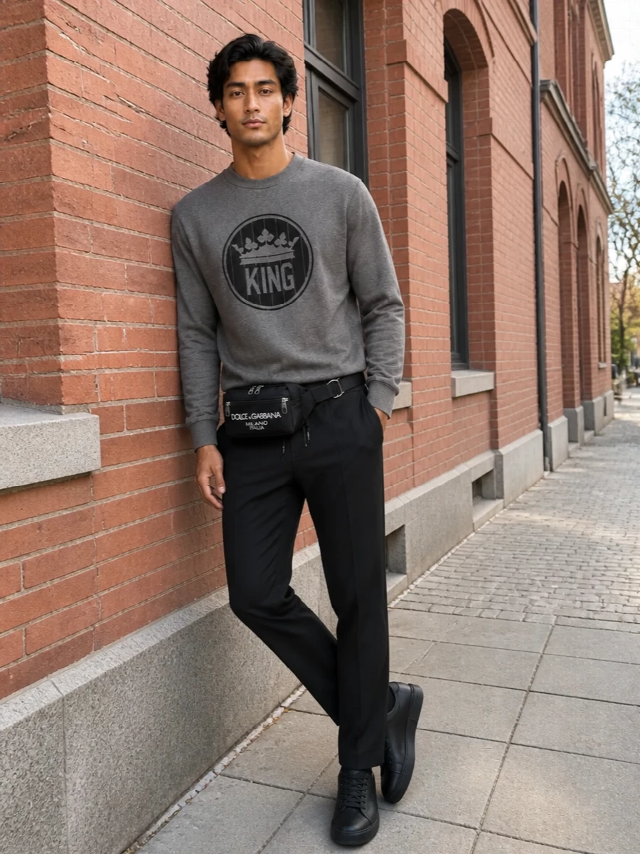 Dolce gabbana black track pants sneakers outfit