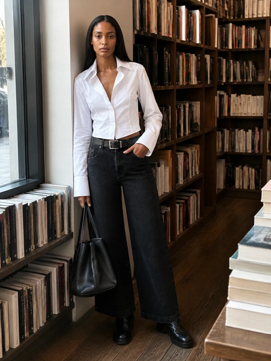 The attico wide leg jeans cropped white shirt