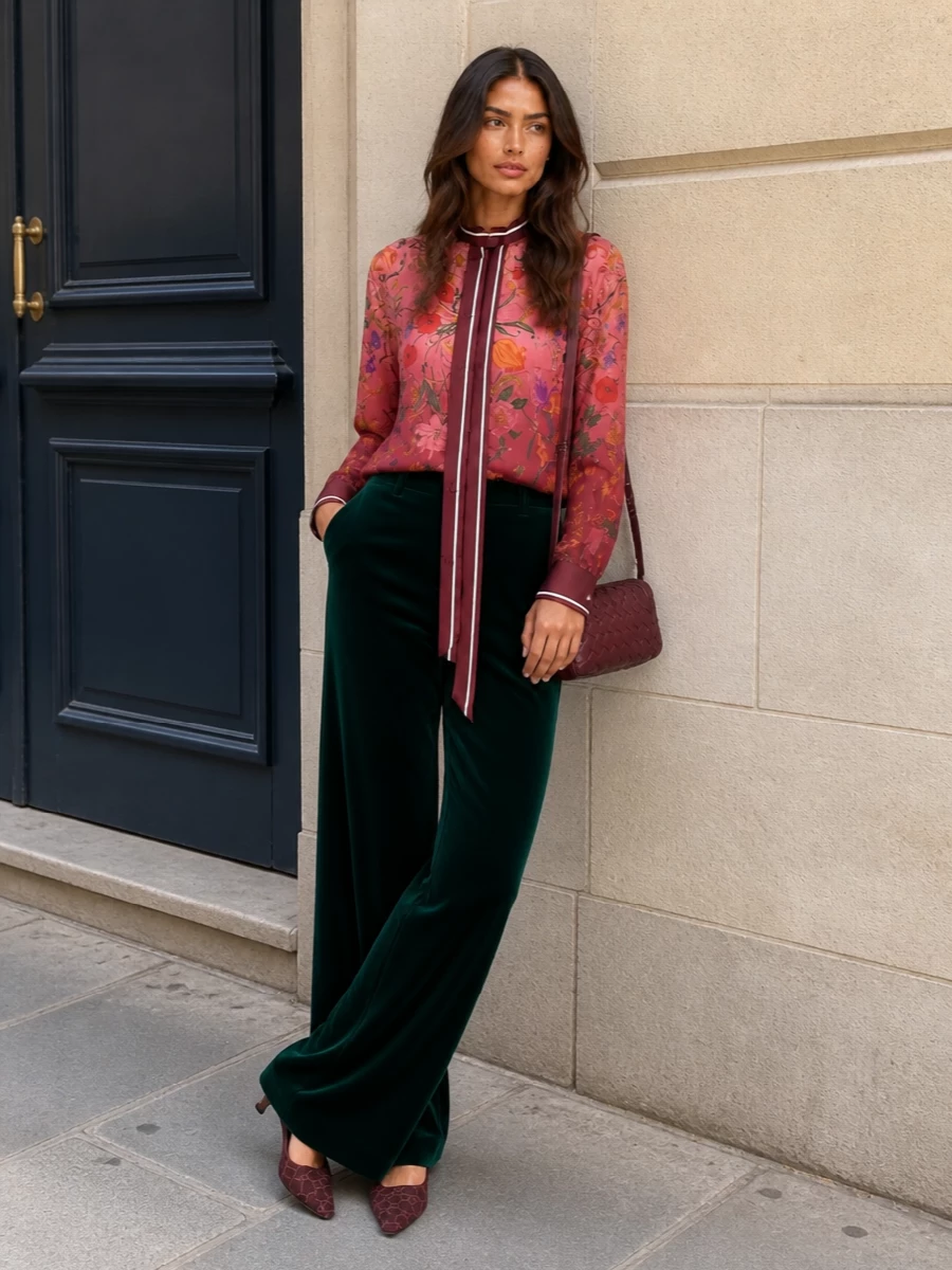 This look frames the romantic Gucci floral shirt with deep forest-green wide-leg trousers that pool elegantly at the floor, letting the print read as the hero while the silhouette stays long and fluid. Burgundy mesh slingbacks and a compact intrecciato cross-body pick up the shirt’s wine tones in a subtle, coordinated way, creating a polished FW outfit that moves effortlessly from an art opening to an intimate dinner. The result is refined, feminine and quietly opulent without ever feeling over-styled.