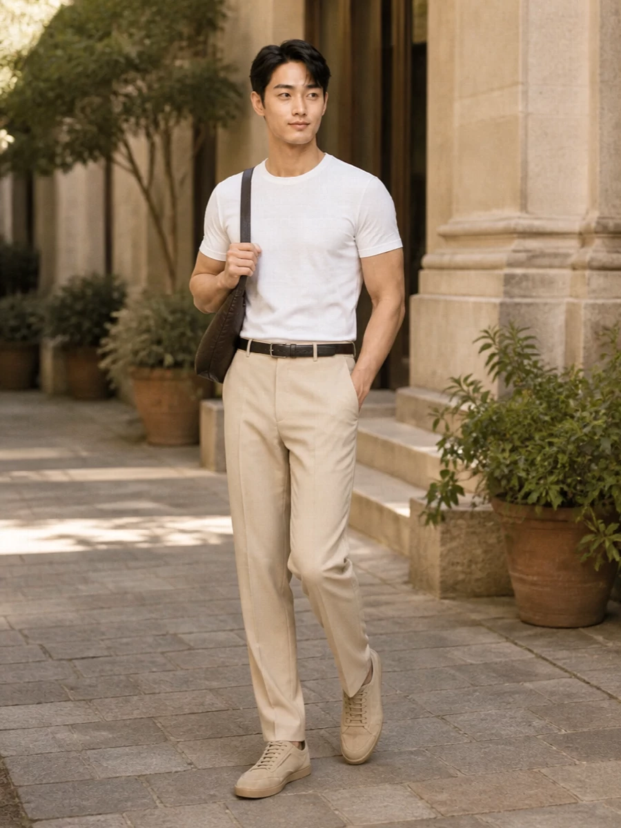 This look builds on the crisp white Zegna tee with light beige tailored trousers for a softly tonal, summer-ready take on quiet luxury. Sand suede sneakers keep the outfit relaxed yet polished, while the deep espresso crossbody and discreet black belt add just enough contrast and structure to feel considered without breaking the minimal mood.