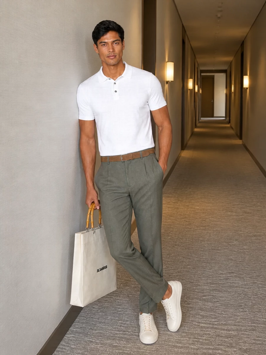 Kiton white polo sage trousers cream sneakers