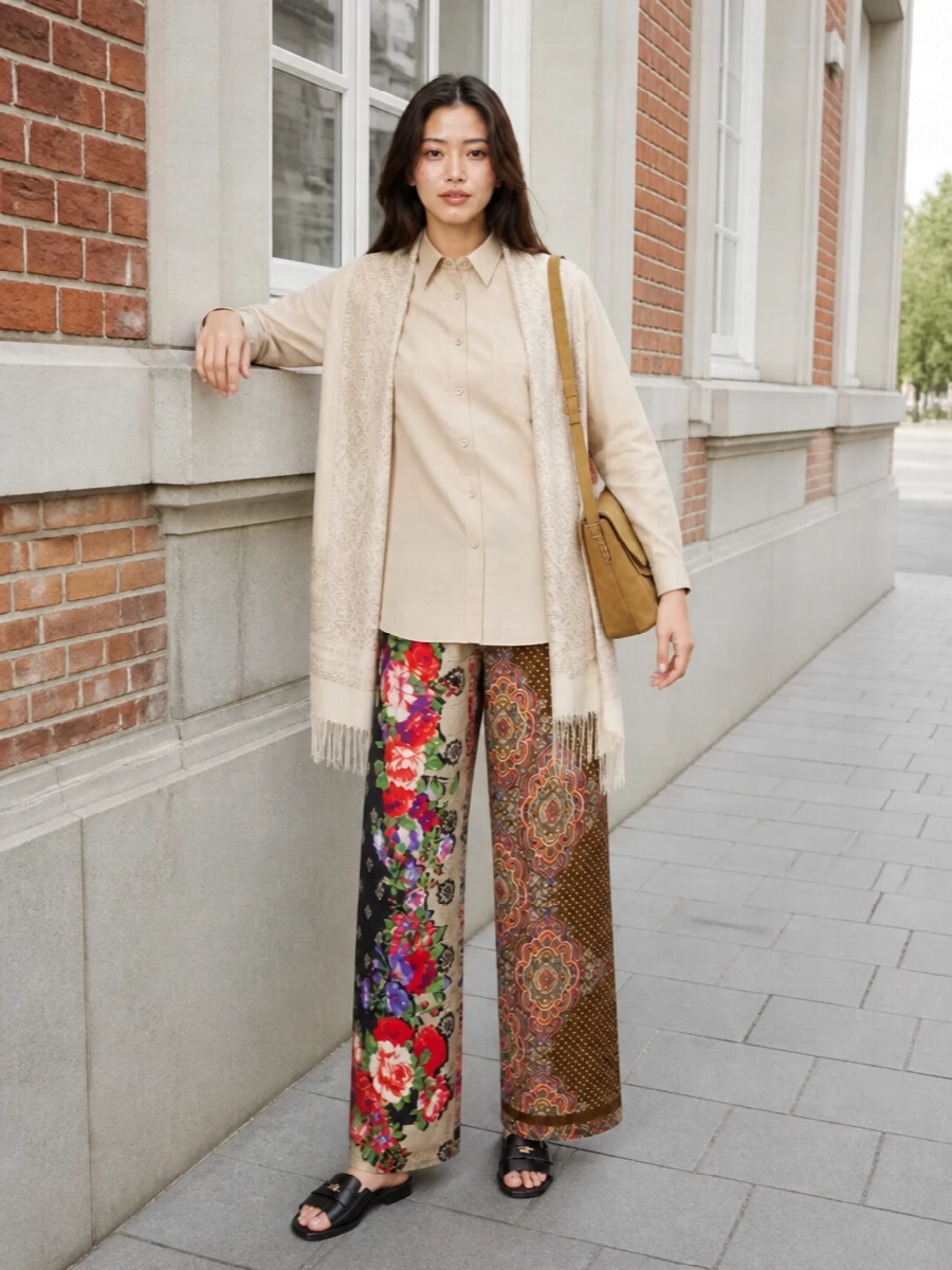 Moschino floral paisley pants beige shirt outfit