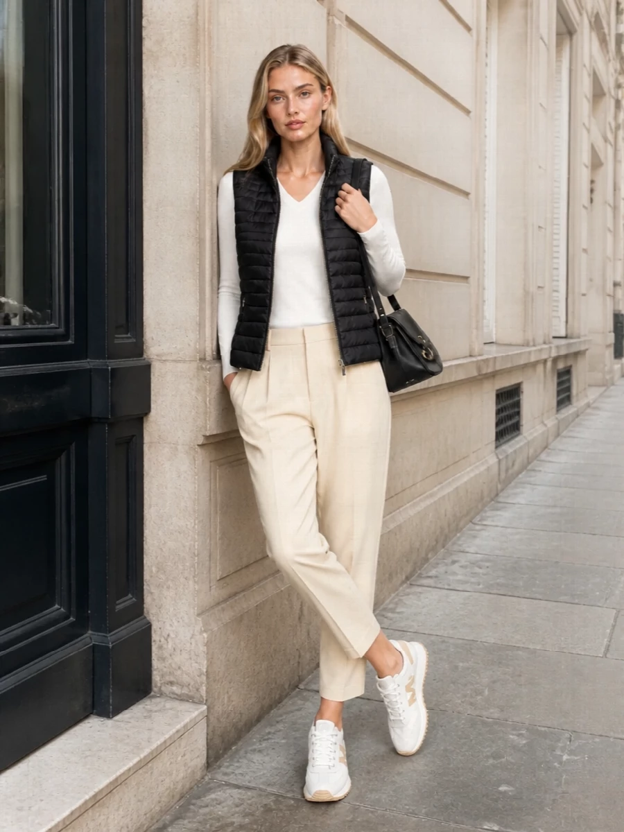This look takes the black Moorer quilted gilet into a softly tailored, SS-ready city uniform: an ivory Moorer V‑neck knit underpins light‑beige cropped trousers for a clean, elongated silhouette. Off‑white and beige Moncler runners keep the mood sportif yet refined, while the black Givenchy shoulder bag mirrors the gilet’s colour and hardware, pulling the outfit together with a quiet, modern edge. I’ve gone with the top-and-trouser route rather than a dress to honour the gilet’s intended layering role and maintain a balanced, travel‑friendly separates look.