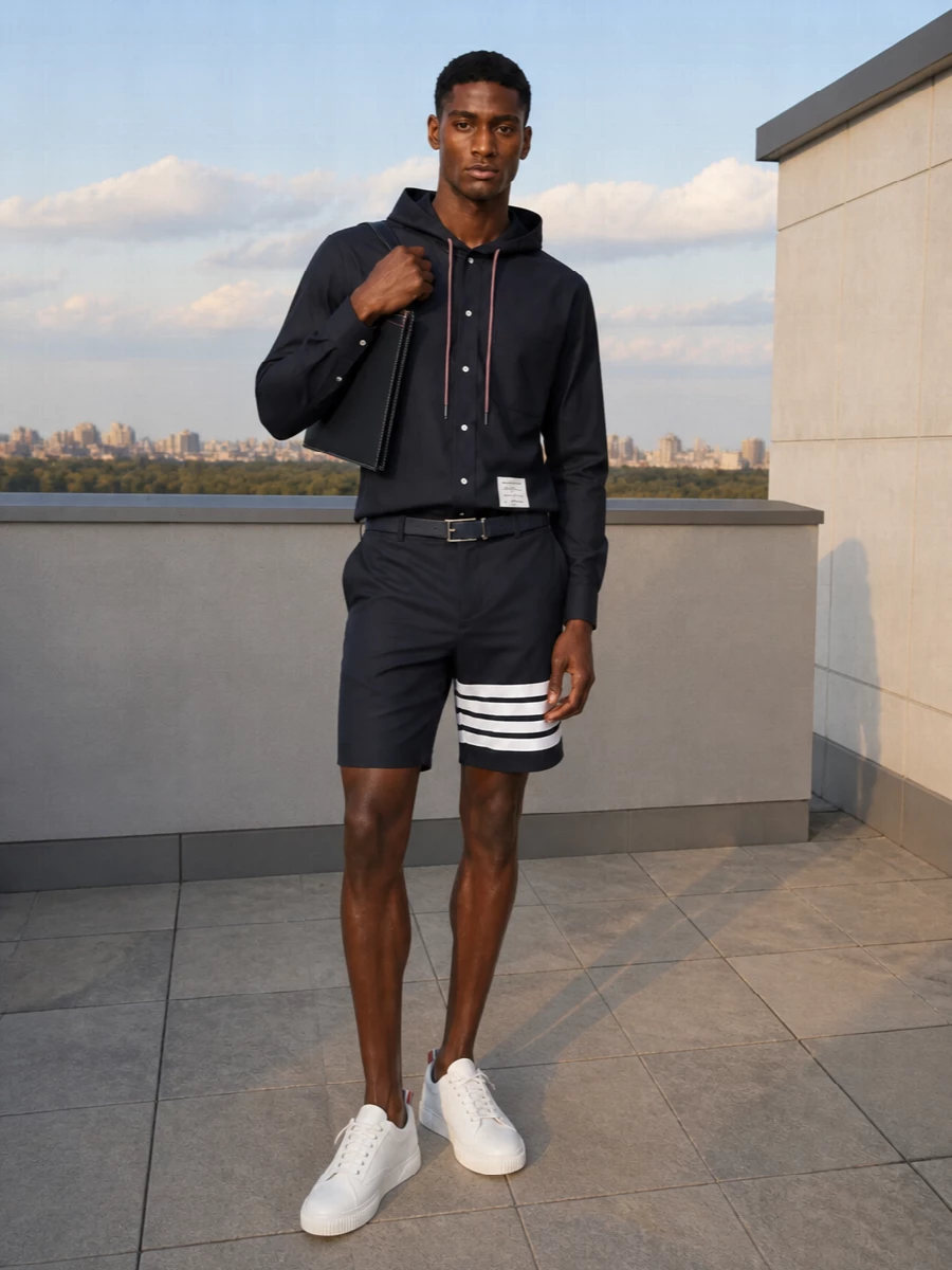Thom browne navy hooded shirt tailored shorts outfit
