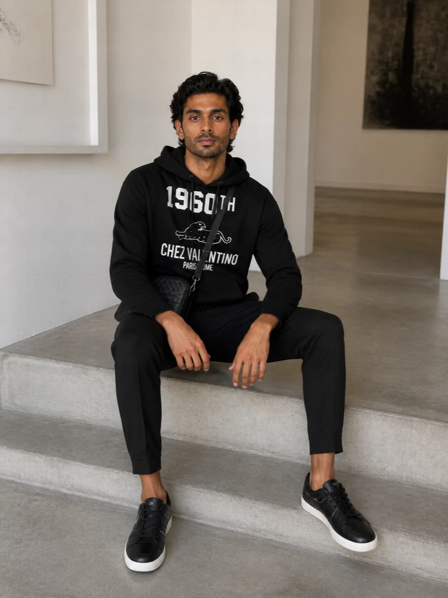 Valentino hoodie black track pants street style