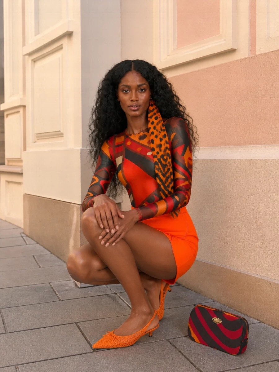 A sheer Pucci top meets a razor-sharp neon mini for a nightclub-ready take on y2k color blocking. Orange Jacquemus slingbacks and a matching Pucci clutch keep the energy hot but coherent, while a slim polka-dot twilly adds just enough extra punch. The result is graphic, body-conscious and designed for late summer nights out.