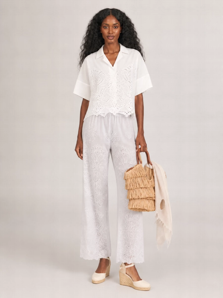 Ermanno Firenze Embroidered Cotton Wide-Leg Trousers