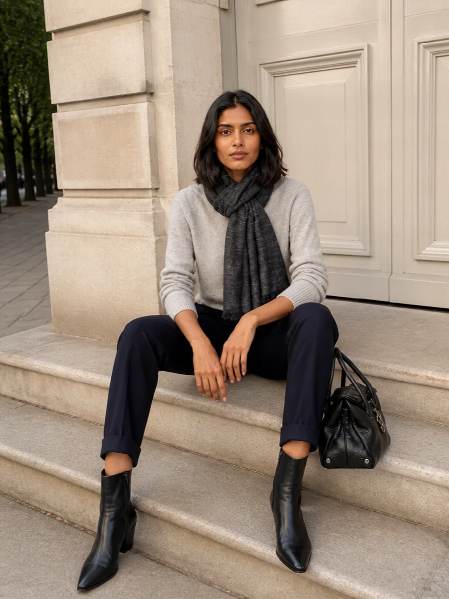 Parosh navy trousers grey knit ankle boots