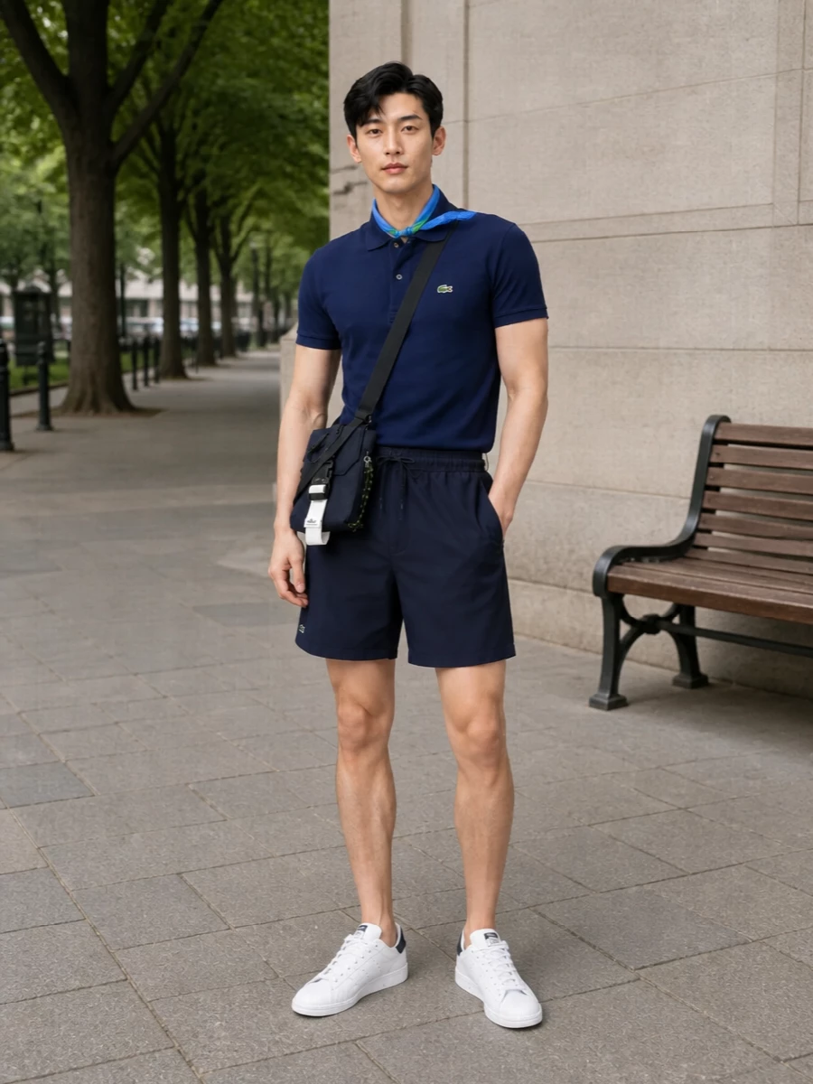 A navy-on-navy Lacoste pairing keeps the mood clean and athletic, with the court-inspired sneakers adding just enough structure under the easy short length. The technical crossbody stays close and unfussy, while a small blue and green scarf introduces a subtle hit of color that still feels crisply preppy. Ideal for warm city days that move from coffee to late-afternoon strolls without a change.