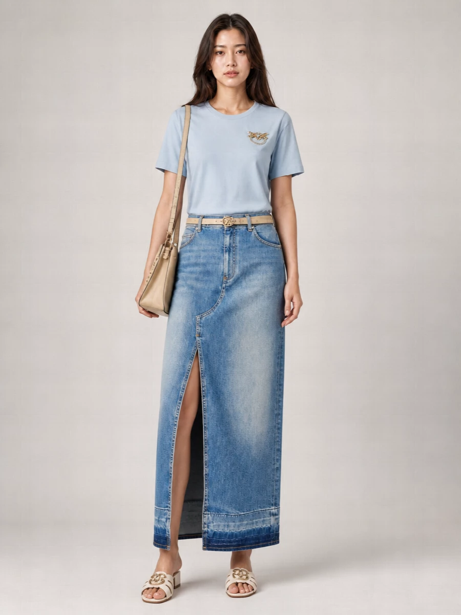 Pinko Denim Front-Slit Midi Skirt