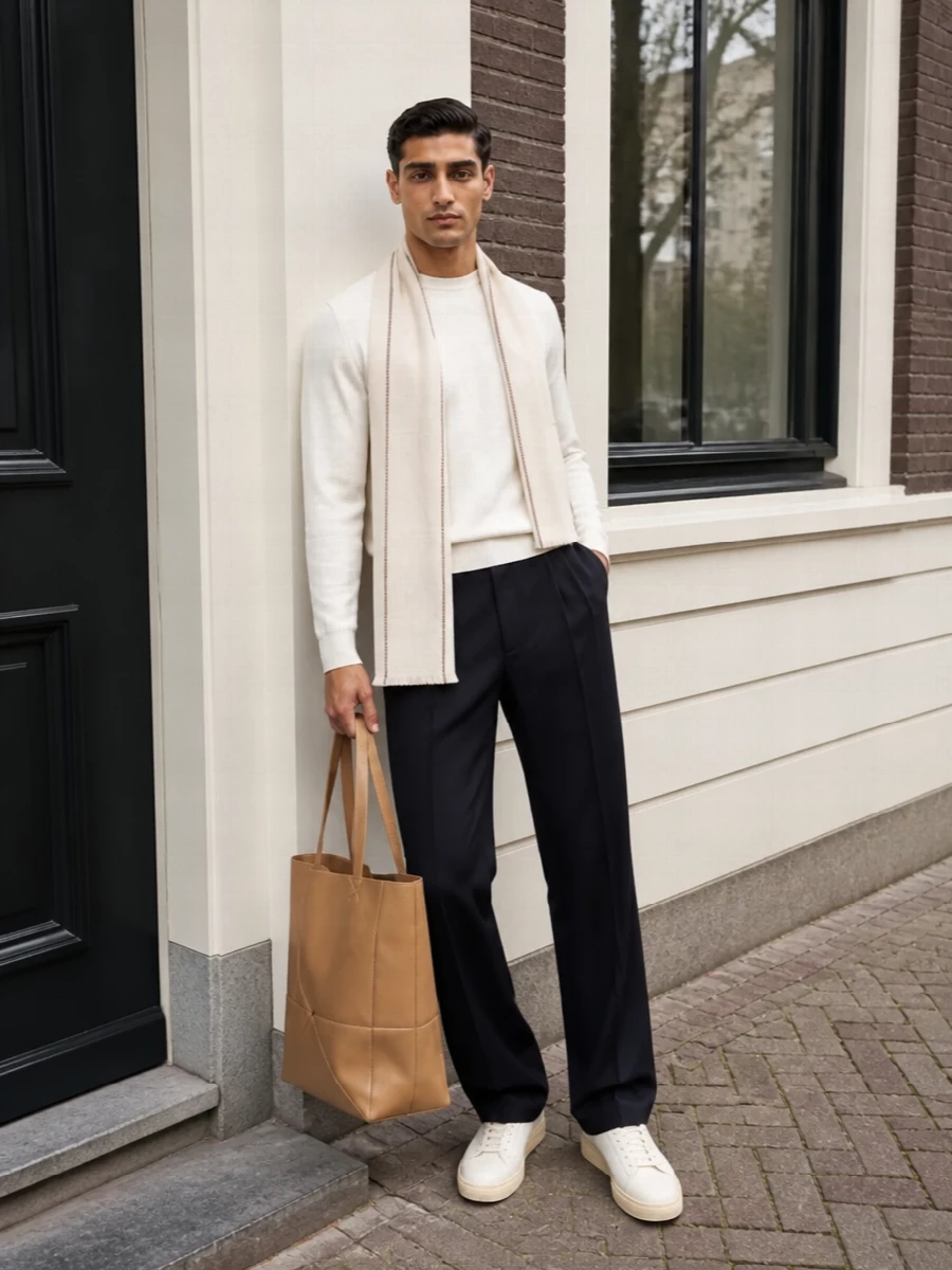 An off-white Etro crew knit sits over deep navy pleated trousers for a clean, modern take on smart casual. Off-white Tom Ford sneakers keep the palette soft and preppy rather than stiff. A sculptural tan Loewe tote and a cream-trimmed Brunello Cucinelli scarf add just enough structure and contrast while staying firmly in the quiet-luxury lane.
