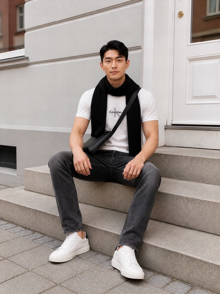 Calvin klein logo tee charcoal jeans sneakers