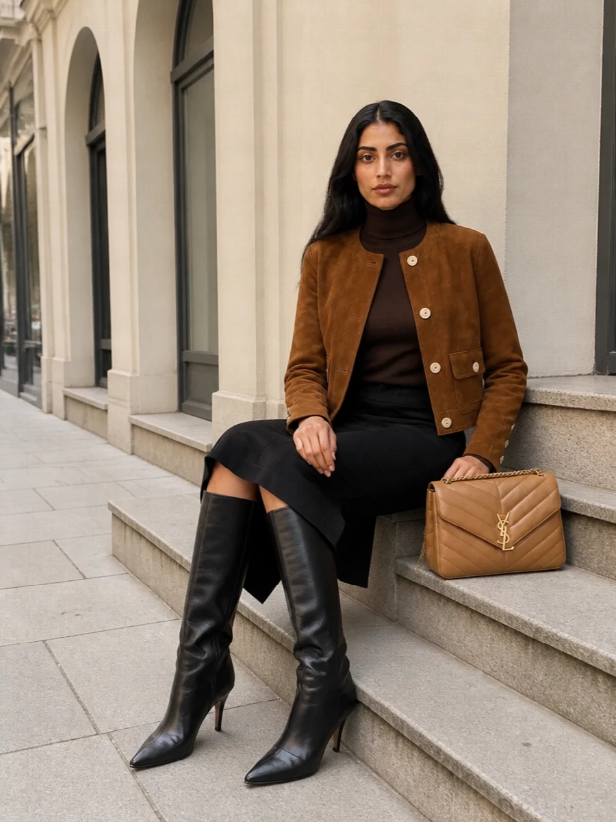 Saint laurent suede jacket black midi skirt outfit