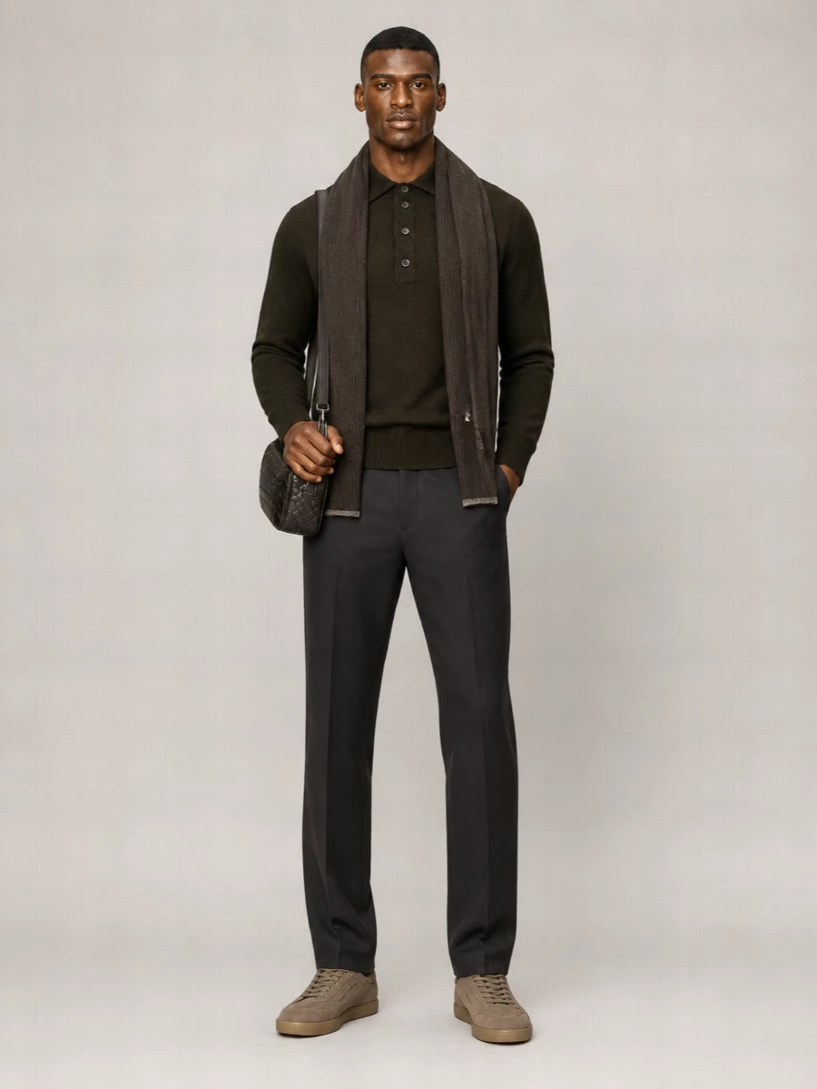 A deep olive polo knit meets charcoal-brown pleated trousers for a quietly refined, office-ready foundation that still feels relaxed after hours. Taupe suede sneakers keep the mood modern and low-key, while an espresso intrecciato crossbody and mocha scarf introduce rich, tonal texture that reinforces the quiet luxury story.