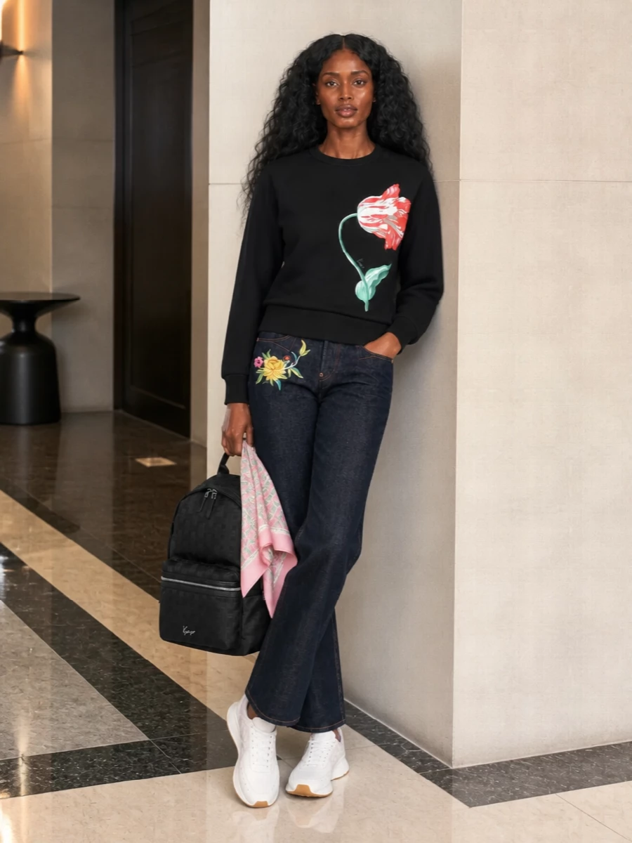 Kenzo floral sweatshirt dark jeans mcqueen sneakers