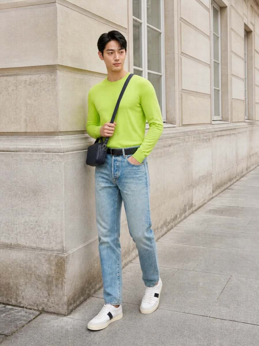 Tom ford lime crewneck straight leg denim outfit