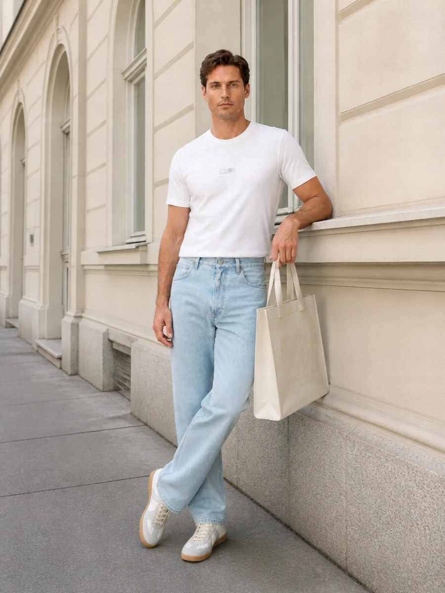 Maison margiela white tee light wash jeans outfit