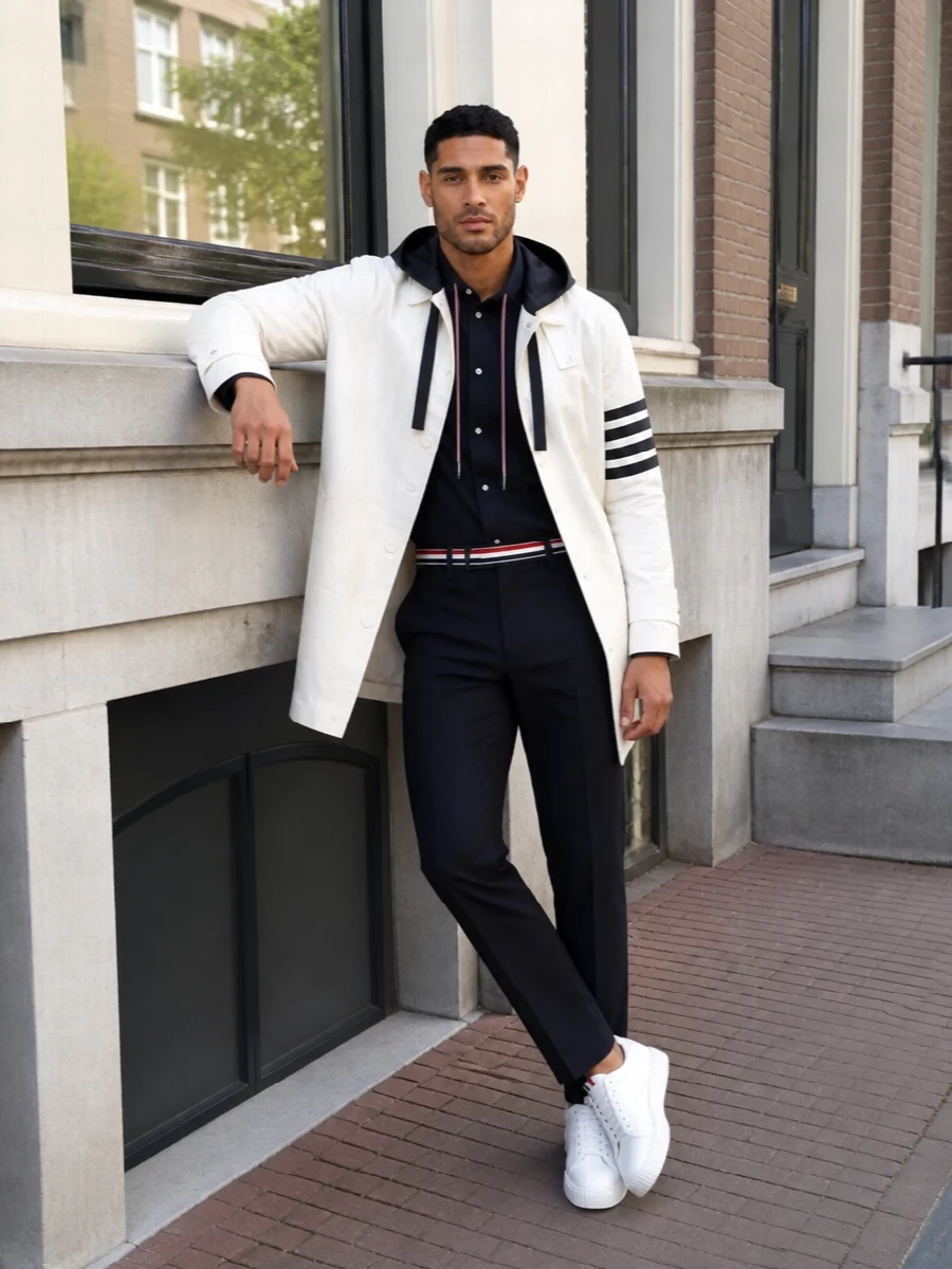 Thom browne hooded coat navy trousers white sneakers