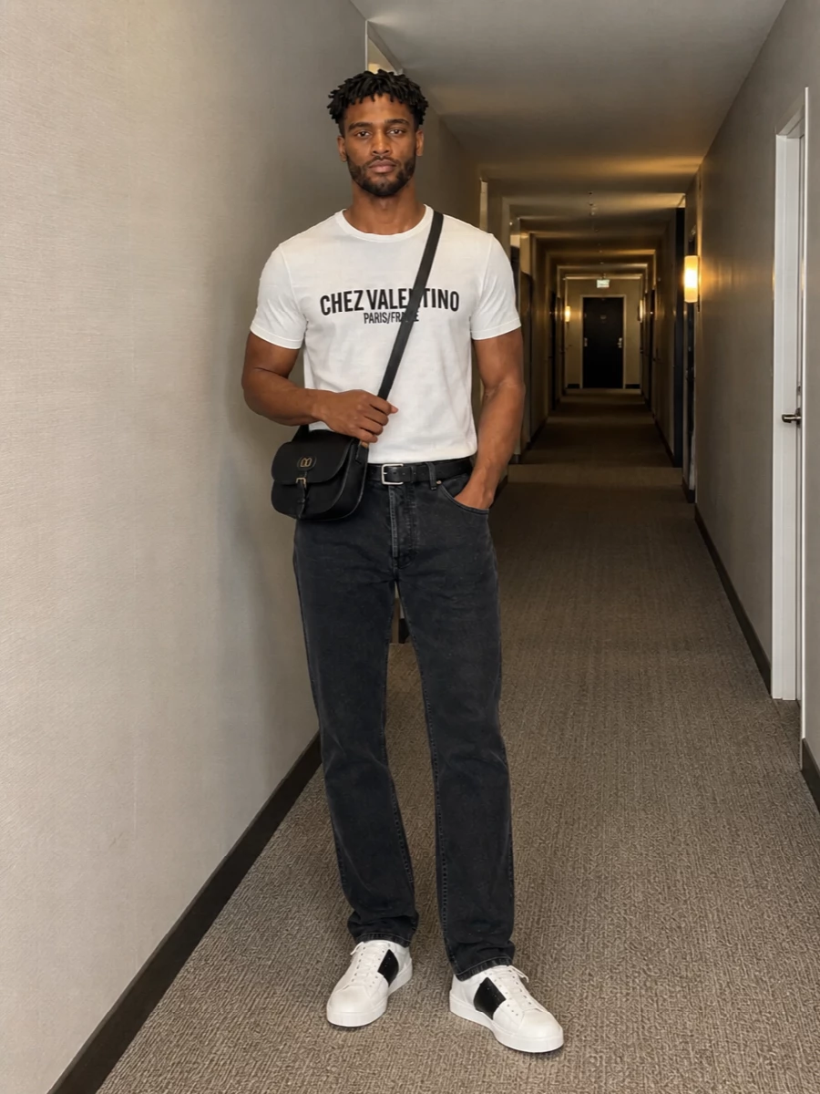 Valentino logo tee charcoal jeans outfit
