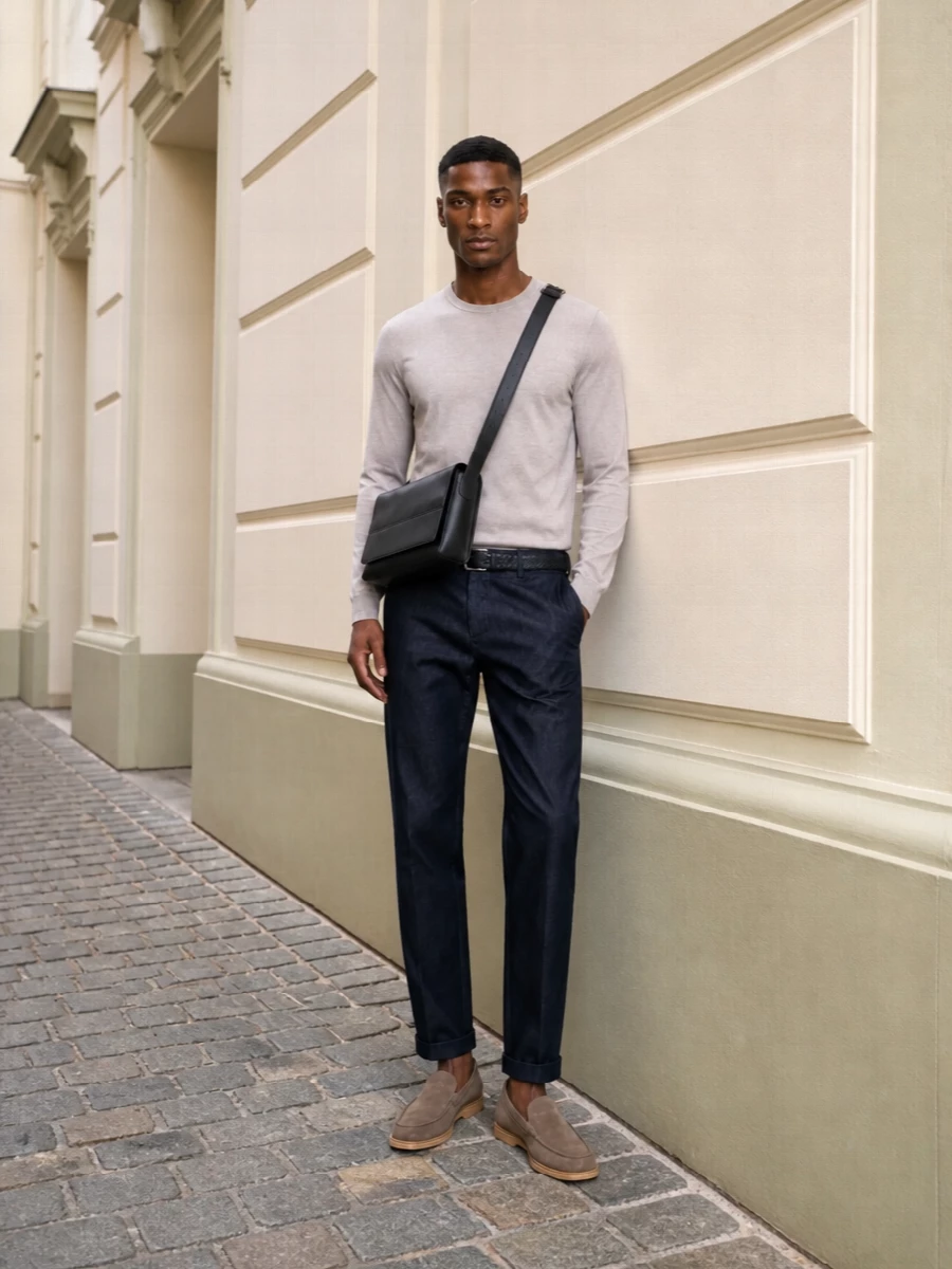 Dondup navy trouser taupe knit tods loafers