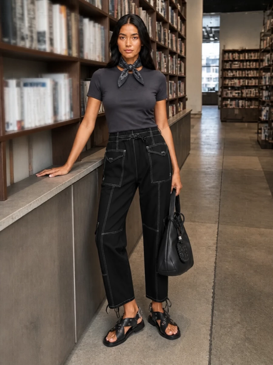 Ganni charcoal tee black cargo pants outfit