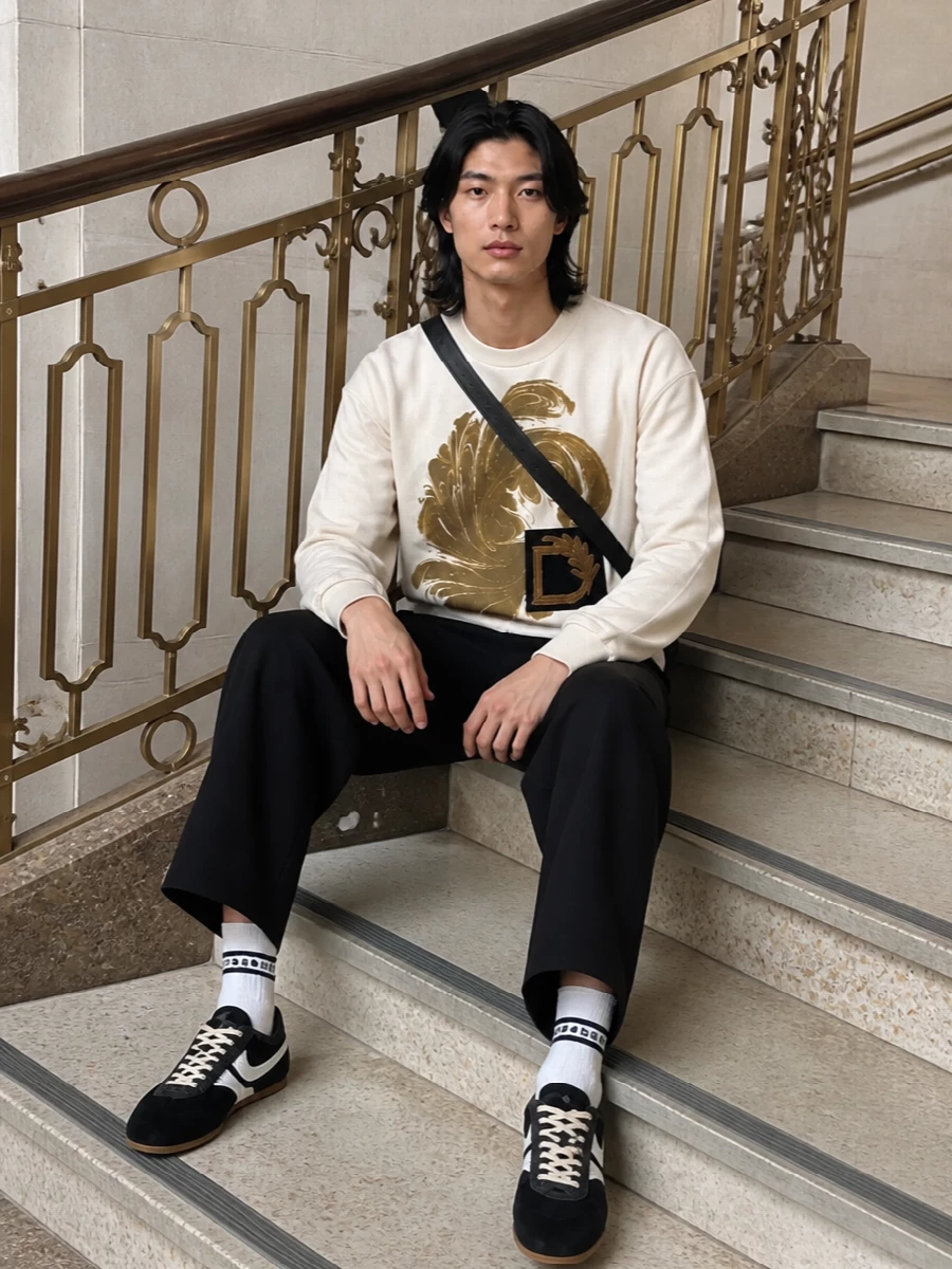 Dries van noten cream sweatshirt black wide trouser