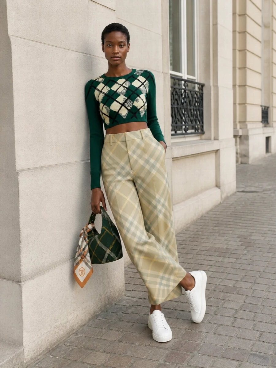 Collegiate argyle sweater wide leg pants outfit