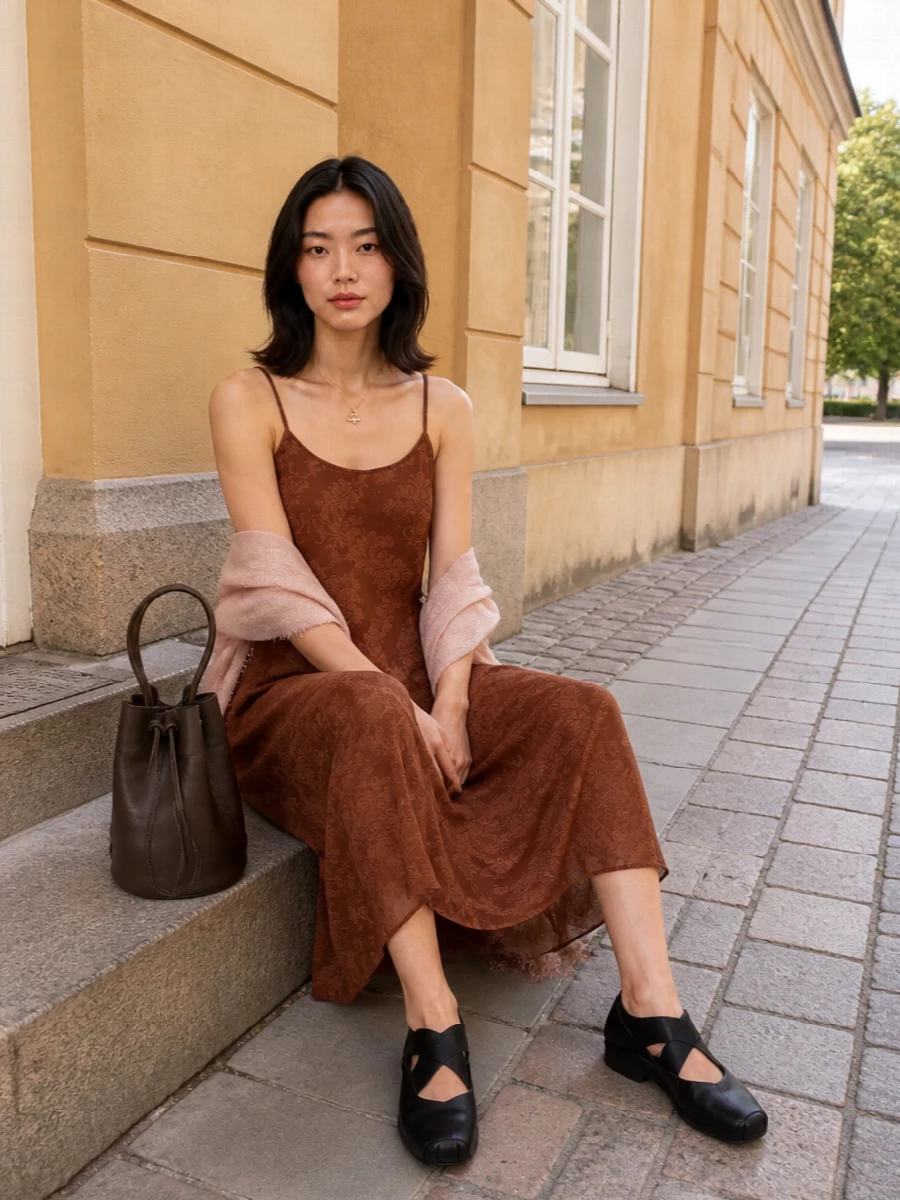 Rust brocade, sculptural black flats and a chocolate bucket bag create a quietly artful summer evening ensemble. The fine gold necklace and blush stole add just enough softness and light to keep the mood romantic without slipping into overt ornament.