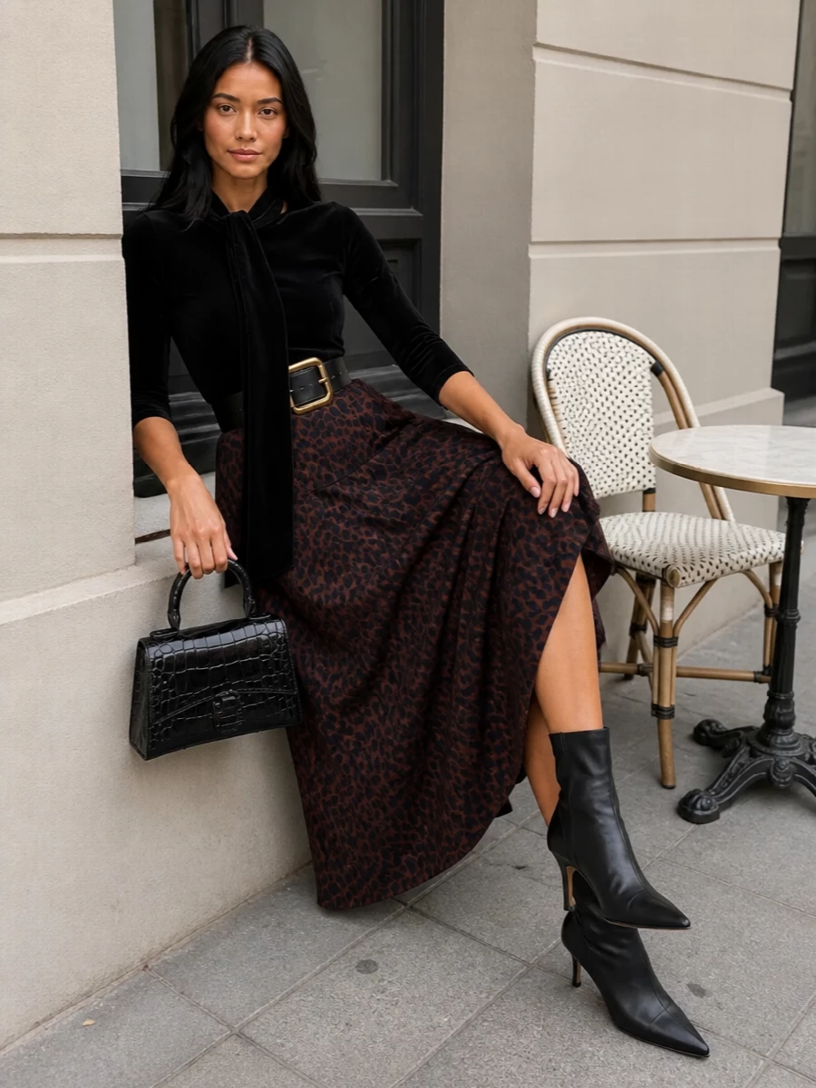 Balenciaga leopard midi skirt black knit boots