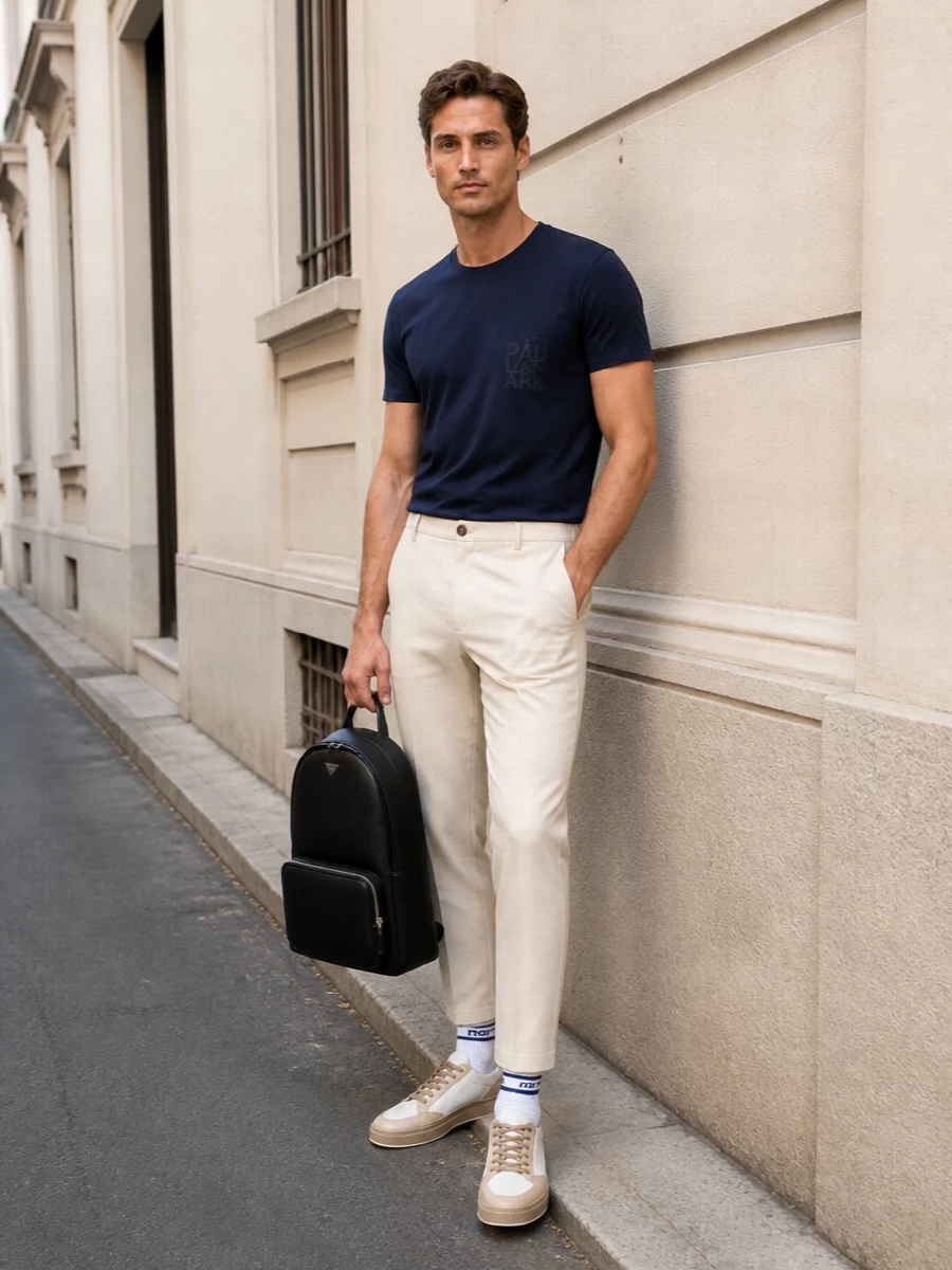 Paul shark navy tee beige trousers outfit